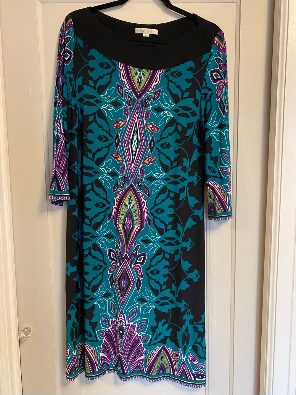 Teal, Purple & Black Printed Midi Dress 70s Bell Sleeves Light Weight Flowy